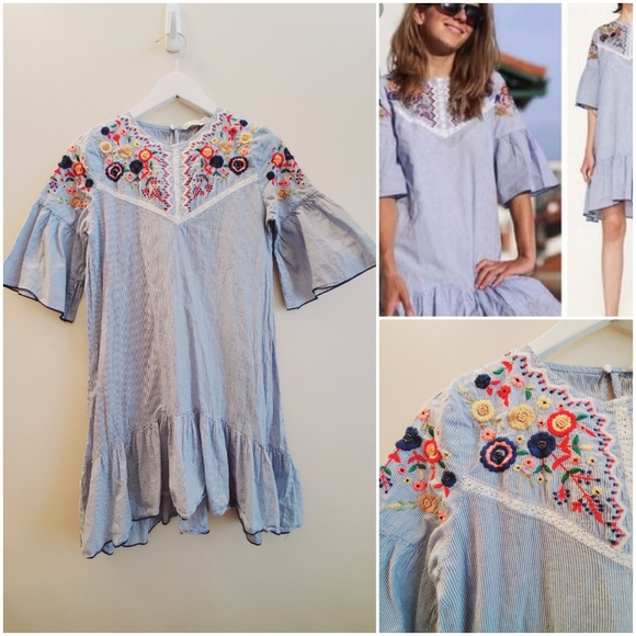 Zara seersucker stripes in blue and white with floral embroidery details - Picture 1 of 8